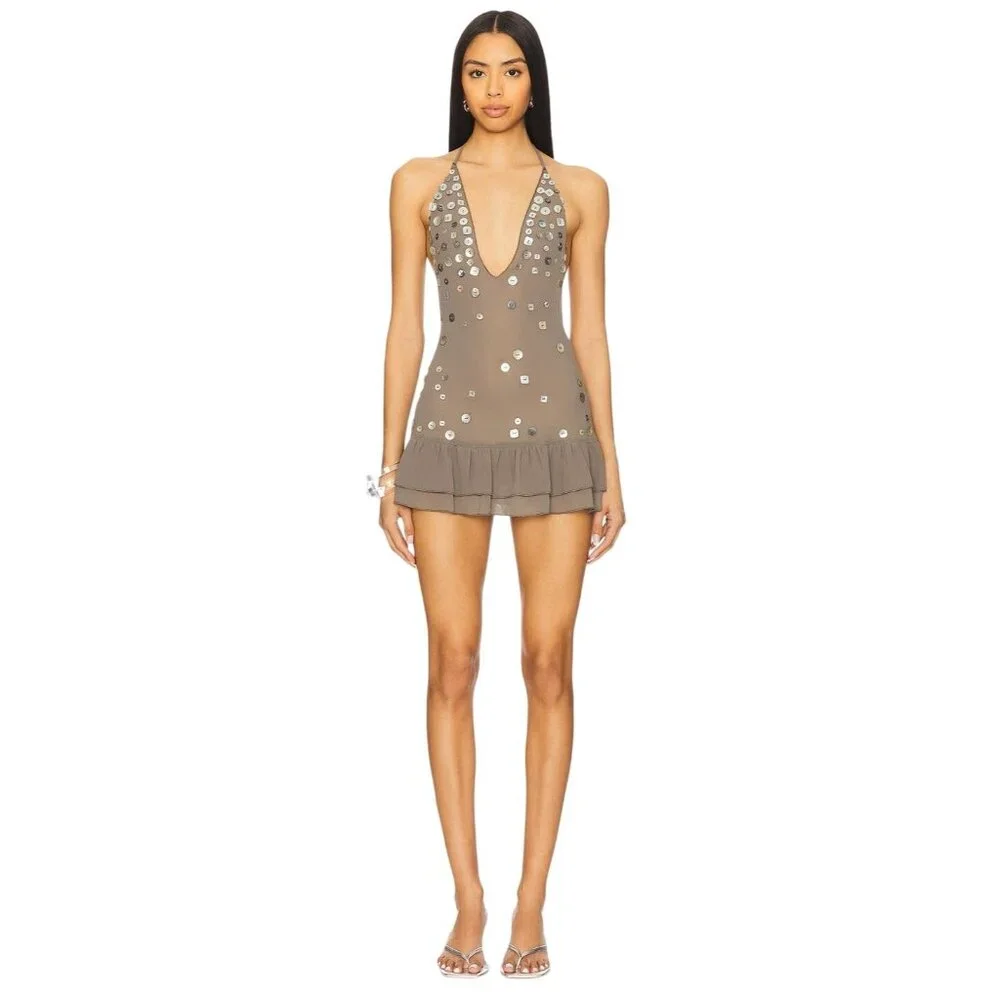 Jaded London Layered Mini Dress in Grey New Womens Sheer Halter - Picture 1 of 17